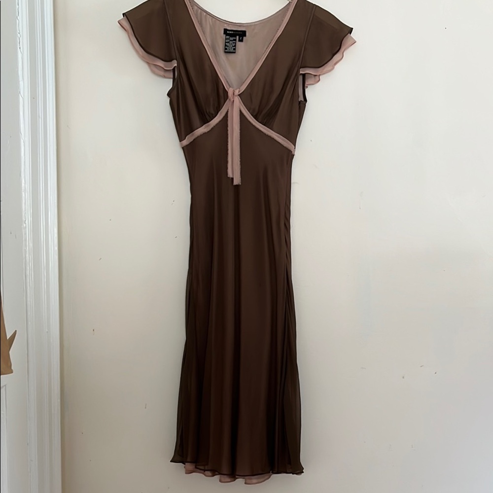 BCBGMAXAZRIA Silk Brown and Pink Flutter Sleeve Dress